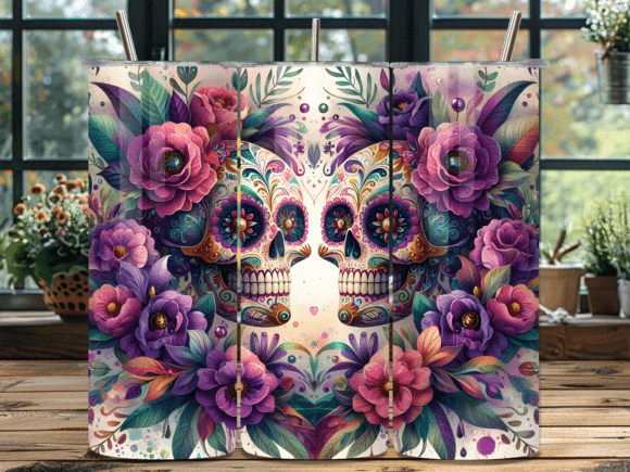 Gothic Purple Floral Twin Skulls Tumbler Wrap: A Darkly Elegant Design Asset