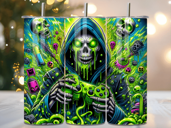 Slime Green Toxic Gamer Skull Tumbler Wraps: A Bold Design Asset for Branding