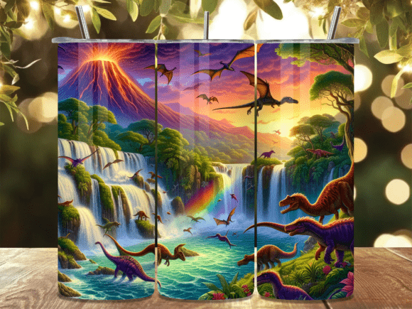 Tropical Dino Waterfall Tumbler Wrap: A Bold Design Asset for Branding