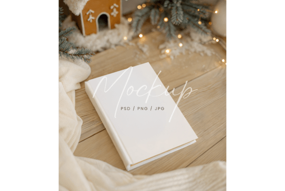 Winter Book Mockup on Wooden Table: A Versatile Graphic Design Asset for Stationery Projects